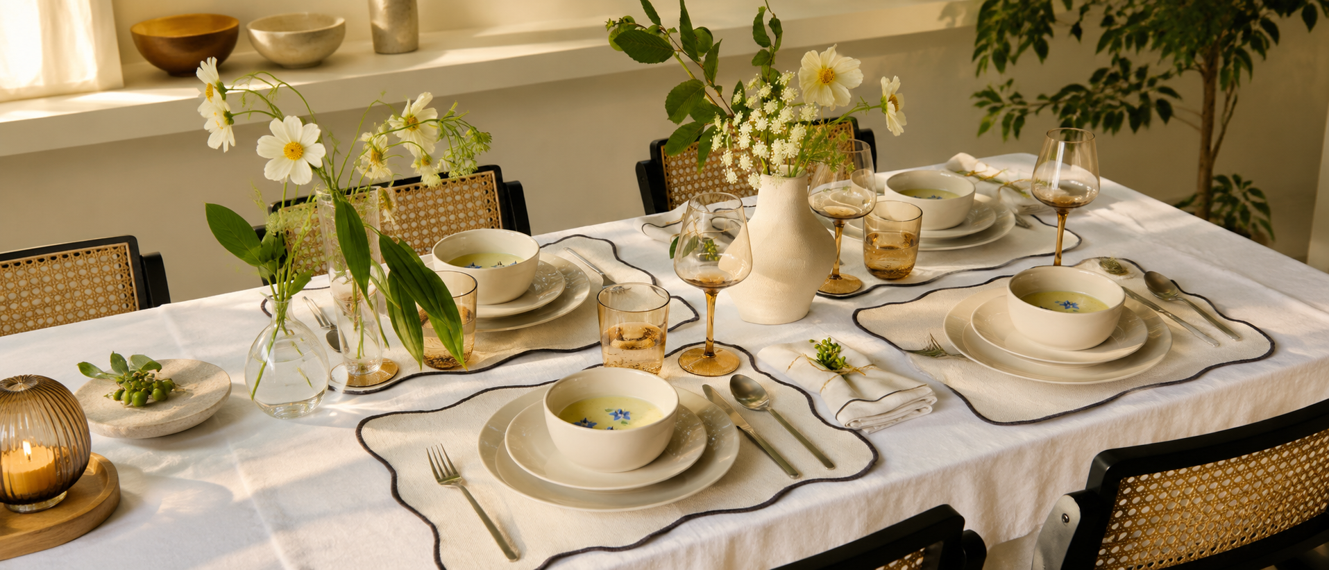 Relaxed dining table styled with ceramic plates and serving pieces